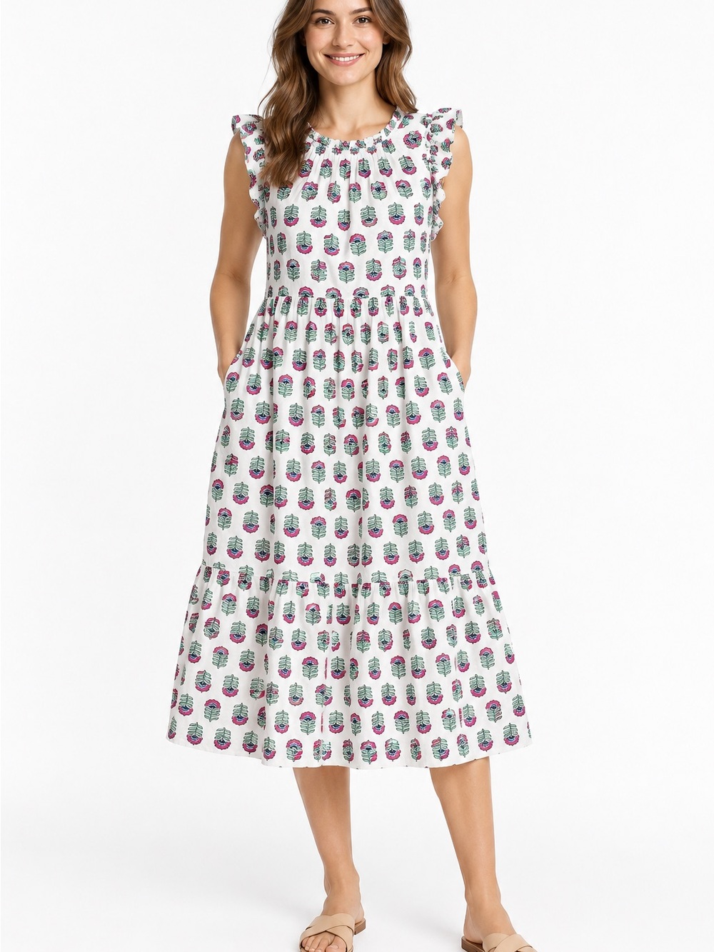 : J.Crew Factory Floral Tiered Midi Dress S/4 floral block print cottagecore